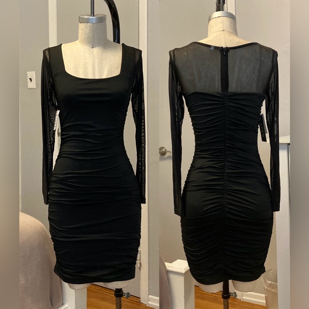 Womens Oten black stretch ruched dress with sheer sleeves in size S